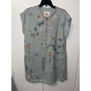 Johnny Was Biya Elektra Dress Embroidered Floral Linen Button Front Sz M Blue